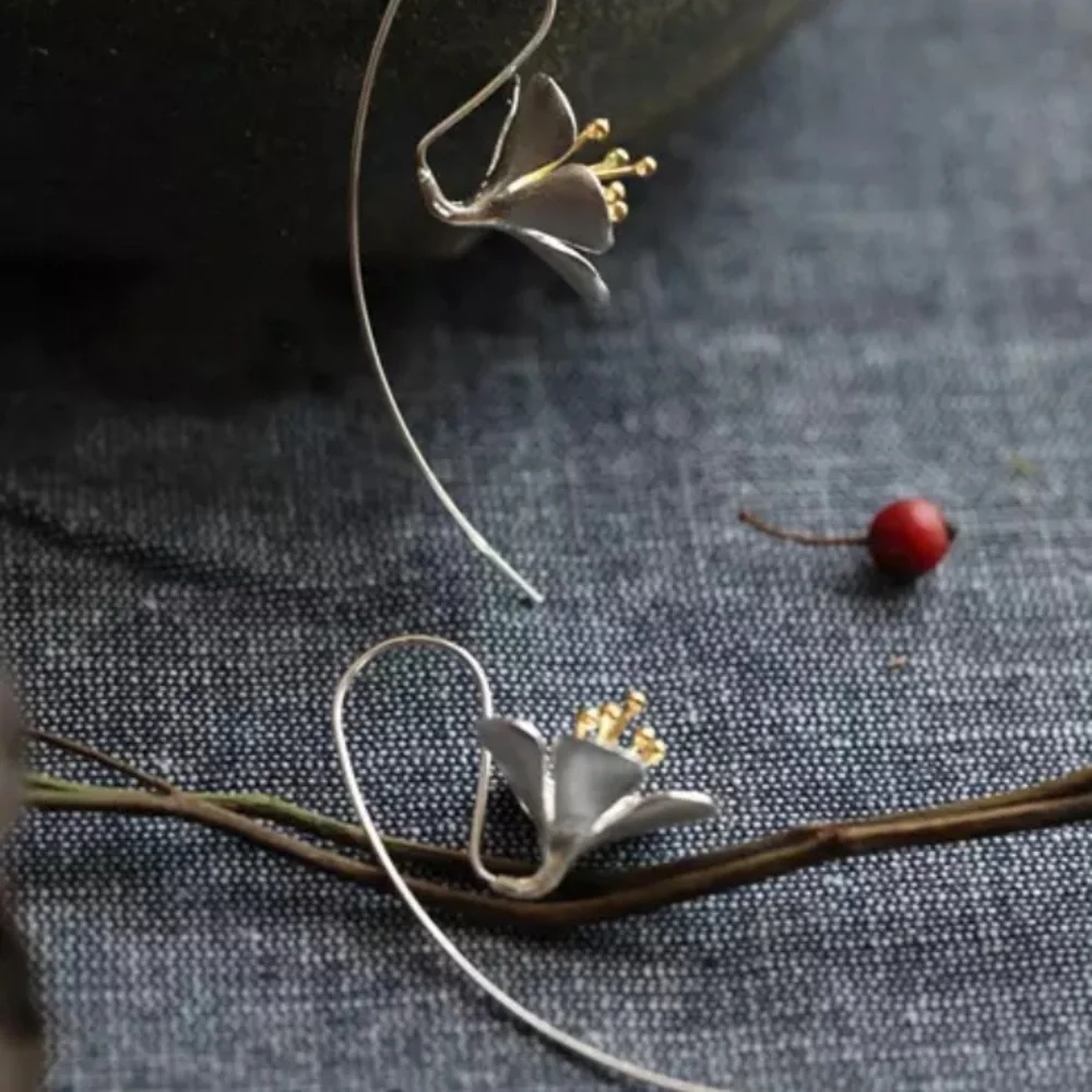 Japanese Cherry Blossom Floral Silver Loop Earring